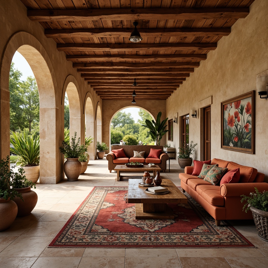 Prompt: Warm Mediterranean villa, rustic stone walls, curved archways, ornate tile floors, plush velvet sofas, distressed wood coffee tables, woven wicker armchairs, colorful ceramic vases, lush greenery, natural fiber rugs, earthy terracotta pots, soft warm lighting, shallow depth of field, 3/4 composition, panoramic view, realistic textures, ambient occlusion.