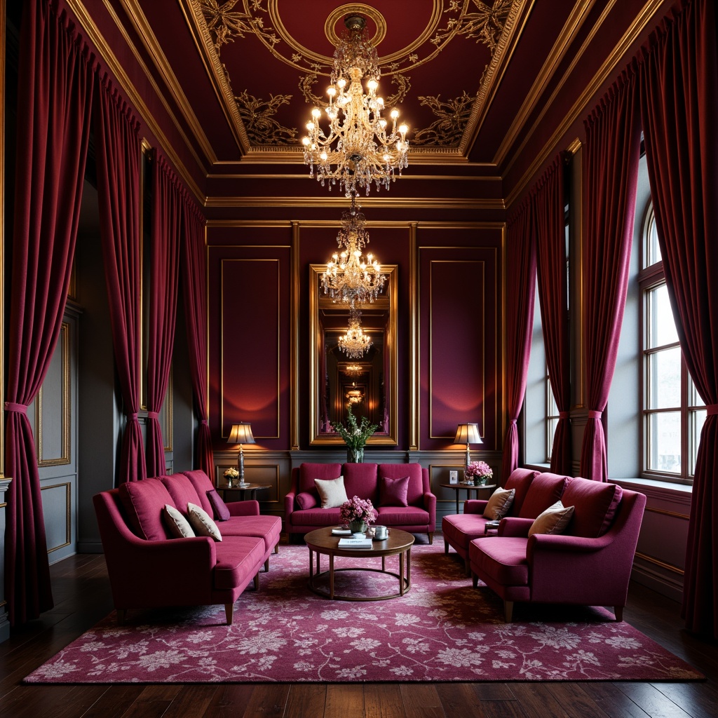 Prompt: Rich plum tones, luxurious velvet fabrics, ornate golden accents, lavish drapery, regal crown molding, opulent crystal chandeliers, velvety smooth textures, warm intimate lighting, 1/1 composition, shallow depth of field, realistic reflections, ambient occlusion.