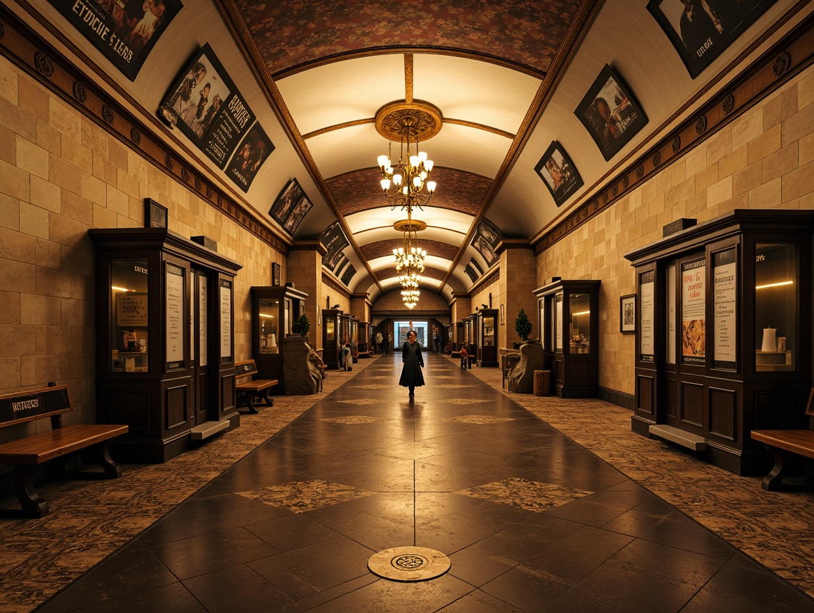 Prompt: Traditional metro station, ornate chandeliers, vintage advertisements, classic ticket booths, worn stone walls, polished marble floors, intricate mosaics, wooden benches, antique metal railings, nostalgic atmosphere, warm golden lighting, shallow depth of field, 1/2 composition, symmetrical framing, realistic textures, ambient occlusion.