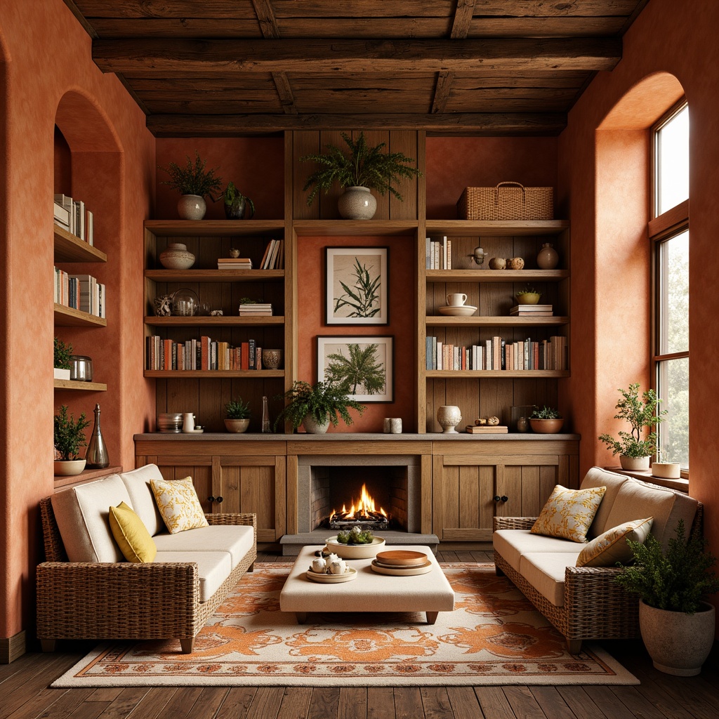 Prompt: Warm persimmon hues, rich orange tones, earthy brown undertones, vibrant yellow accents, soft creamy whites, natural wood textures, woven fibers, organic shapes, handcrafted ceramics, botanical illustrations, whimsical patterns, eclectic vintage decor, cozy reading nooks, intimate gathering spaces, rustic wooden furniture, distressed metal fixtures, ambient warm lighting, shallow depth of field, 2/3 composition, realistic renderings, atmospheric color grading.