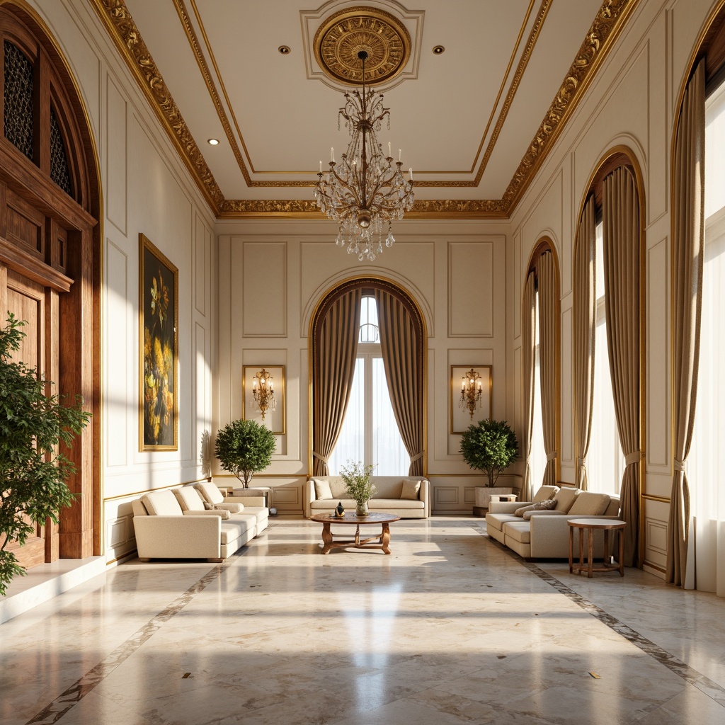 Prompt: Elegant pavilion interior, soft cream walls, rich walnut wood accents, ornate golden moldings, luxurious velvet drapes, intricate marble floor patterns, crystal chandeliers, subtle beige furnishings, refined classicist architectural details, warm natural lighting, shallow depth of field, 1/1 composition, realistic textures, ambient occlusion.