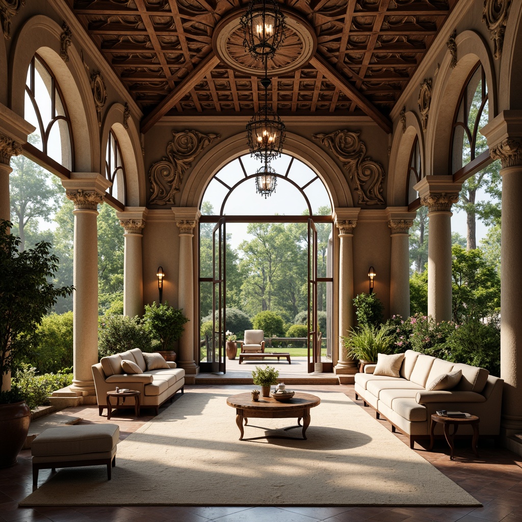 Prompt: Ornate sunroom, Renaissance-style arches, grandiose columns, intricately carved wooden panels, ornamental plaster ceilings, lavish chandeliers, expansive windows, French doors, marble flooring, elegant furnishings, lush greenery, natural stone walls, rustic wooden beams, warm ambient lighting, soft focused lighting, shallow depth of field, 3/4 composition, panoramic view, realistic textures, ambient occlusion.