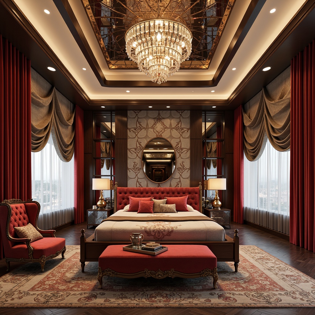 Prompt: Luxurious bedroom, opulent furniture, metallic accents, geometric patterns, ornate mirrors, lavish textiles, velvet drapes, crystal chandeliers, sculpted walls, bold color schemes, glamorous lighting fixtures, curved lines, zigzag motifs, sunburst designs, chevron patterns, glossy finishes, high-gloss woods, rich upholstery, statement headboards, tufted ottomans, plush area rugs, dramatic floor lamps, ornate ceiling fixtures, lavish window treatments.