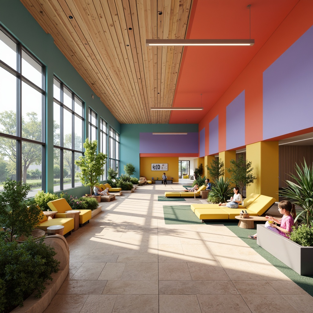 Prompt: Vibrant rehabilitation center, bold color palette, bright coral walls, calming turquoise accents, energetic yellow furniture, soothing lavender ceilings, natural wood textures, minimalist decor, open floor plan, abundant daylight, floor-to-ceiling windows, sleek metal frames, modern wheelchair-accessible ramps, innovative therapy equipment, virtual reality rehabilitation tools, calming water features, lush greenery, warm beige stone floors, eclectic art pieces, playful geometric patterns, dynamic 3/4 composition, softbox lighting, realistic renderings, ambient occlusion.