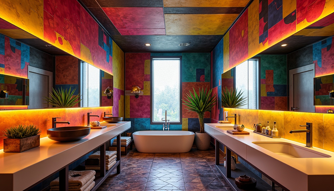 Prompt: Vibrant bathroom, postmodern design, colored glass accents, iridescent tiles, angular mirrors, geometric patterns, bold color schemes, abstract artwork, sleek metal fixtures, minimalist vanities, avant-garde lighting, warm ambient glow, 1/1 composition, shallow depth of field, soft focus, realistic textures, ambient occlusion.