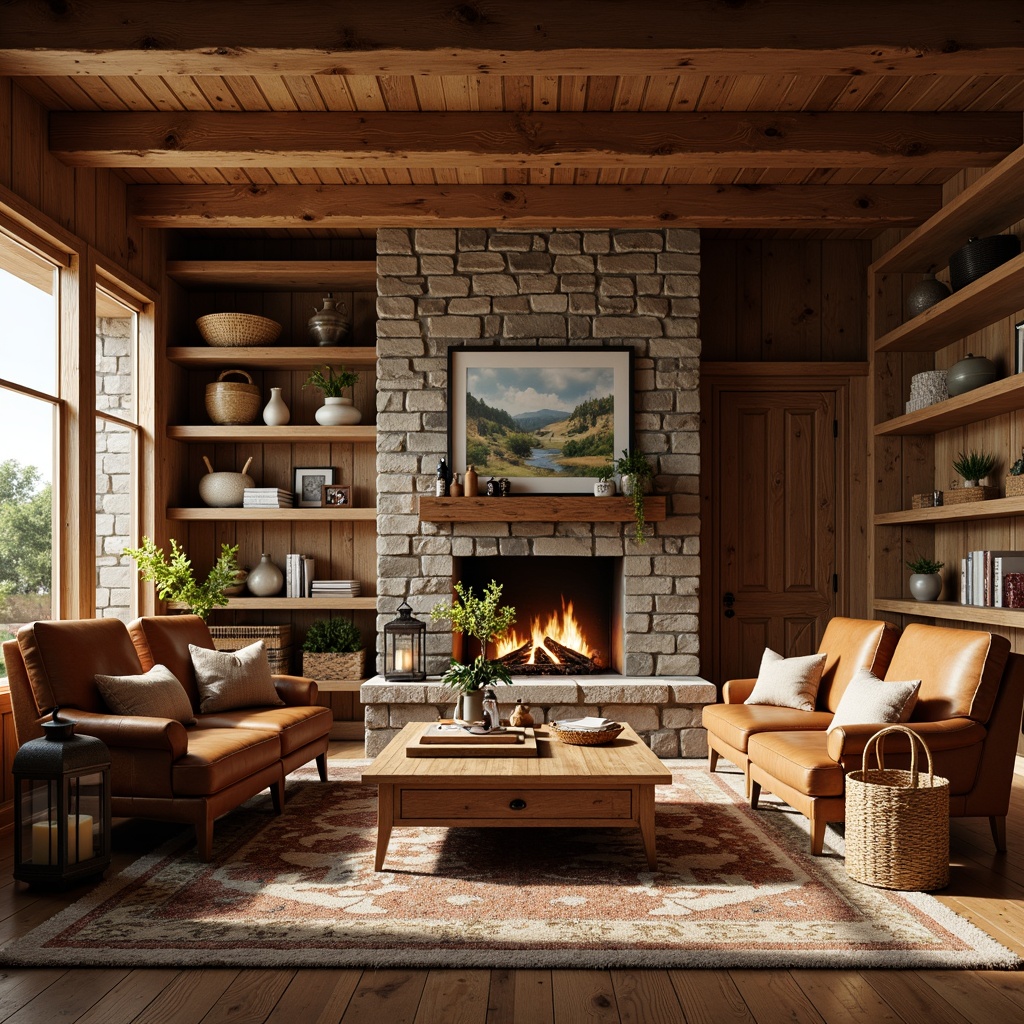 Prompt: Cozy living room, warm wood tones, natural textures, earthy color palette, wooden beams, rustic stone fireplace, plush area rugs, vintage furniture pieces, distressed wood accents, woven baskets, natural fiber upholstery, rich leather armchairs, metal lantern lighting, soft warm glow, shallow depth of field, 2/3 composition, inviting atmosphere, realistic wood grain, ambient occlusion.