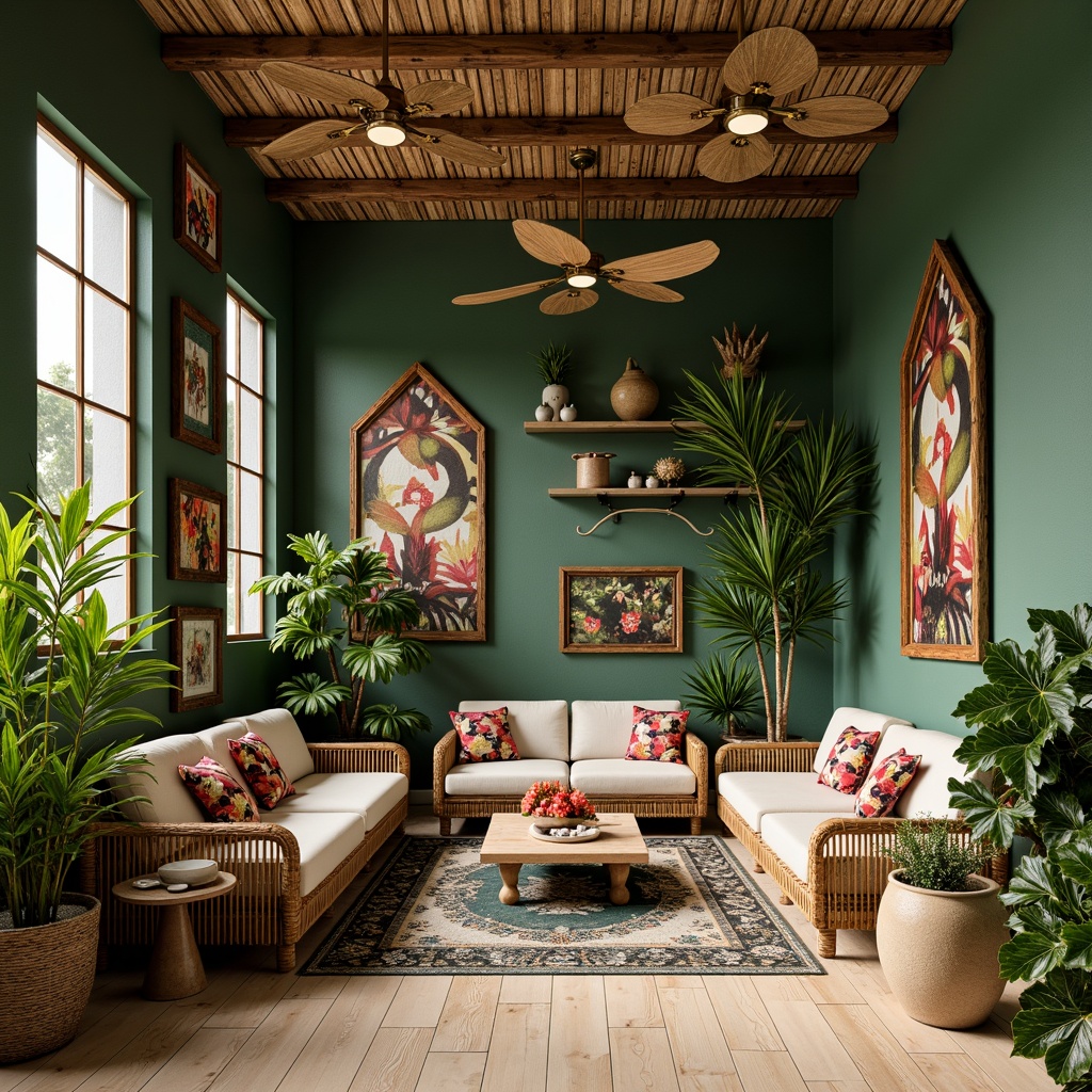 Prompt: Vibrant tropical plants, exotic flowers, wooden accents, natural textures, woven rattan furniture, colorful tribal patterns, statement lighting fixtures, ornate mirrors, lush green walls, bamboo ceiling fans, reclaimed wood floors, coastal-inspired decor, shell ornaments, nautical ropes, warm beige tones, soft diffused lighting, 1/1 composition, intimate atmosphere, realistic rendering.