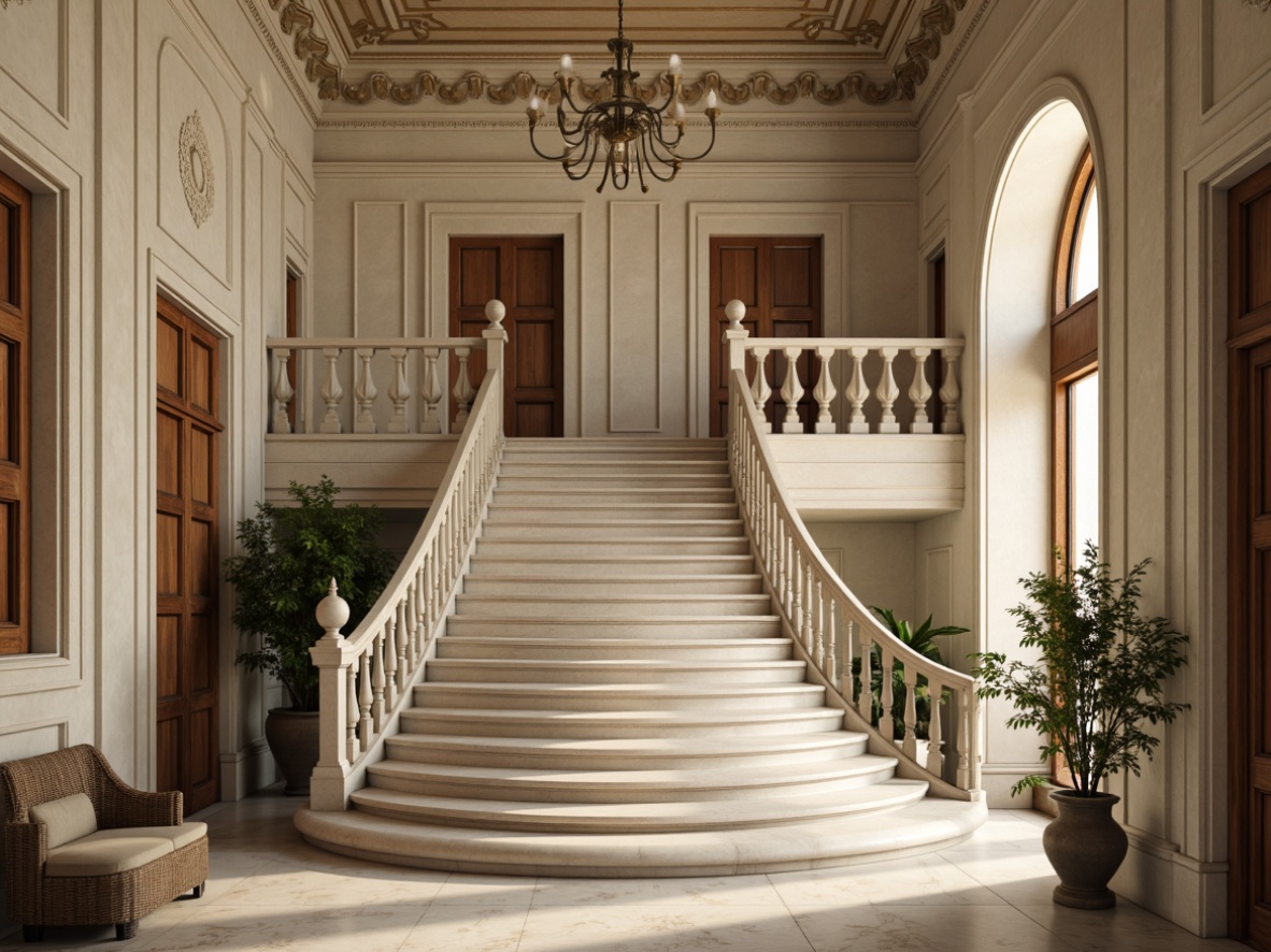 Prompt: Grand staircase, lime-washed walls, ornate balusters, curved railings, polished marble floors, classic Roman arches, fluted columns, decorative cornices, intricate moldings, soft warm lighting, shallow depth of field, 1/2 composition, realistic textures, ambient occlusion, elegant furniture pieces, vintage decorative accents, subtle gradient effects, luxurious atmosphere, refined architectural details.