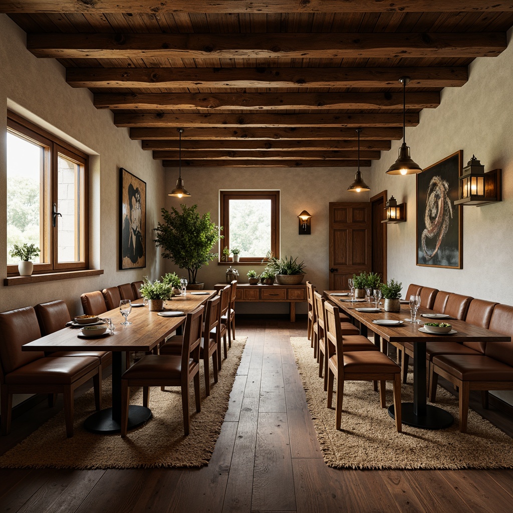 Prompt: Rustic dining room, reclaimed wood furniture, earthy color palette, natural stone walls, wooden beam ceilings, vintage metal lanterns, woven jute rugs, distressed leather upholstery, antique wooden tables, pendant lamps, greenery garland, warm candlelight, soft diffused lighting, 1/1 composition, intimate atmosphere, realistic wood textures, ambient occlusion.