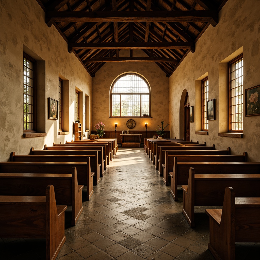 Prompt: Rustic church interior, wooden pews, stone walls, vaulted ceilings, stained glass windows, natural light pouring in, warm golden tones, earthy textures, distressed wood accents, candlelit ambiance, soft warm lighting, shallow depth of field, 1/1 composition, realistic textures, ambient occlusion.