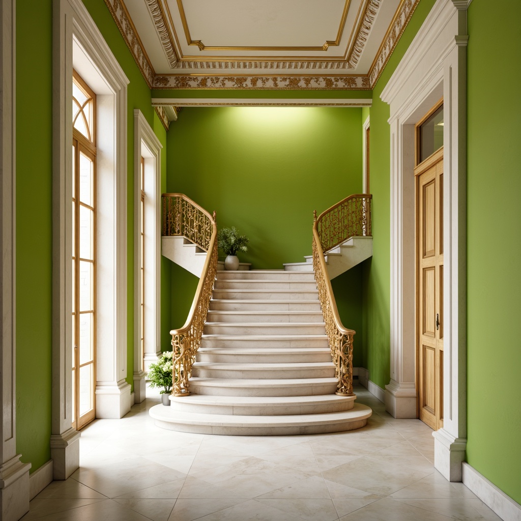 Prompt: Grand staircase, lime green walls, ornate gold railings, creamy white marble floors, elegant classical columns, intricate moldings, soft warm lighting, shallow depth of field, 1/2 composition, realistic textures, ambient occlusion, subtle shading, refined details, luxurious atmosphere, vintage charm, sophisticated color palette, harmonious contrast, balanced composition.