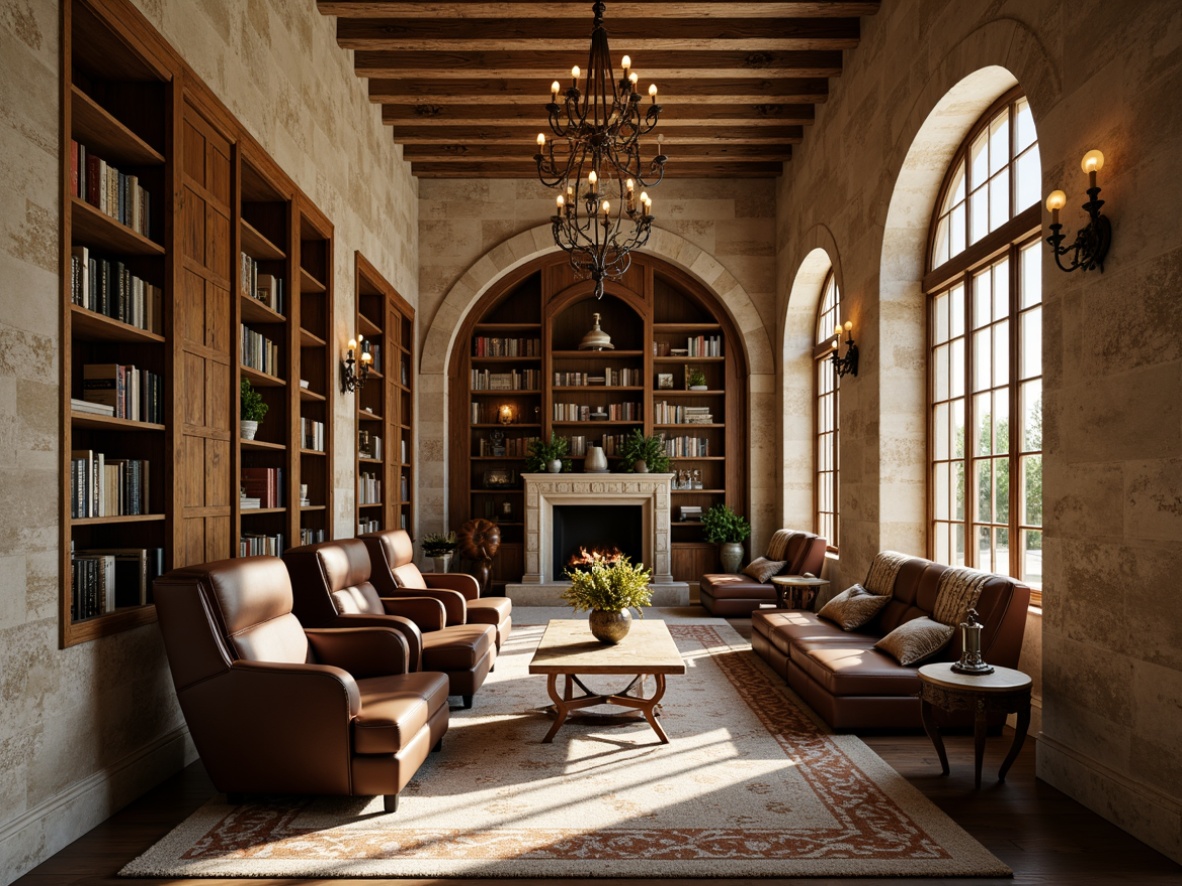 Prompt: Rustic library interior, stone accents, French country style, warm beige walls, dark wood bookshelves, vintage leather armchairs, ornate metal chandeliers, soft golden lighting, plush area rugs, distressed wooden floors, limestone fireplace, carved wooden paneling, elegant archways, sophisticated neutral color palette, cozy reading nooks, floor-to-ceiling windows, natural stone columns, elegant scrollwork, warm inviting atmosphere, shallow depth of field, 1/2 composition, realistic textures.