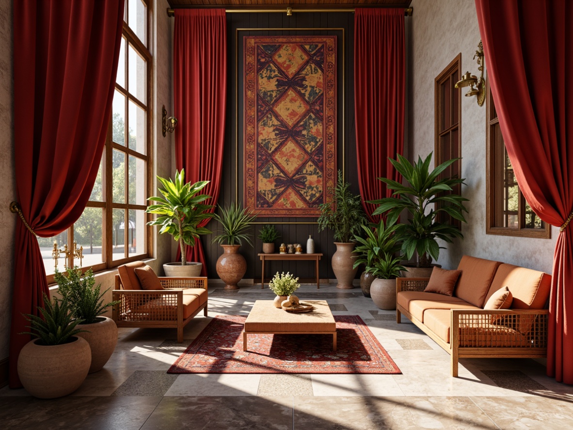 Prompt: Rich velvet drapes, luxurious marble floors, rustic wooden accents, metallic sheen, sleek glass surfaces, vibrant colorful textiles, intricate geometric patterns, natural stone walls, earthy terracotta pots, woven wicker furniture, distressed leather upholstery, ornate golden fixtures, soft warm lighting, shallow depth of field, 3/4 composition, realistic textures, ambient occlusion.