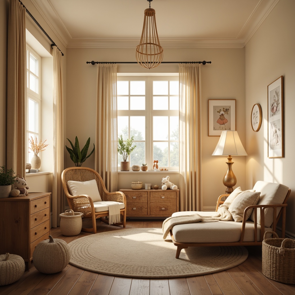 Prompt: Cozy baby room, soft warm glow, table lamps, floor lamps, cream-colored walls, wooden furniture, plush toys, gentle curtains, natural fabrics, woven baskets, vintage decor, distressed wood, earthy tones, warm beige colors, soft pastel hues, delicate patterns, whimsical illustrations, intimate ambiance, warm white lighting, subtle shadows, 1/1 composition, realistic textures, ambient occlusion.