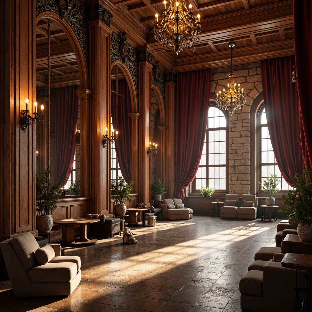 Prompt: Renaissance-inspired fitness studio, rich wood paneling, ornate mirrors, luxurious velvet drapes, antique bronze fixtures, decorative stone walls, rustic brick accents, high ceilings, grand chandeliers, warm golden lighting, soft misty atmosphere, 1/1 composition, shallow depth of field, realistic textures, ambient occlusion.