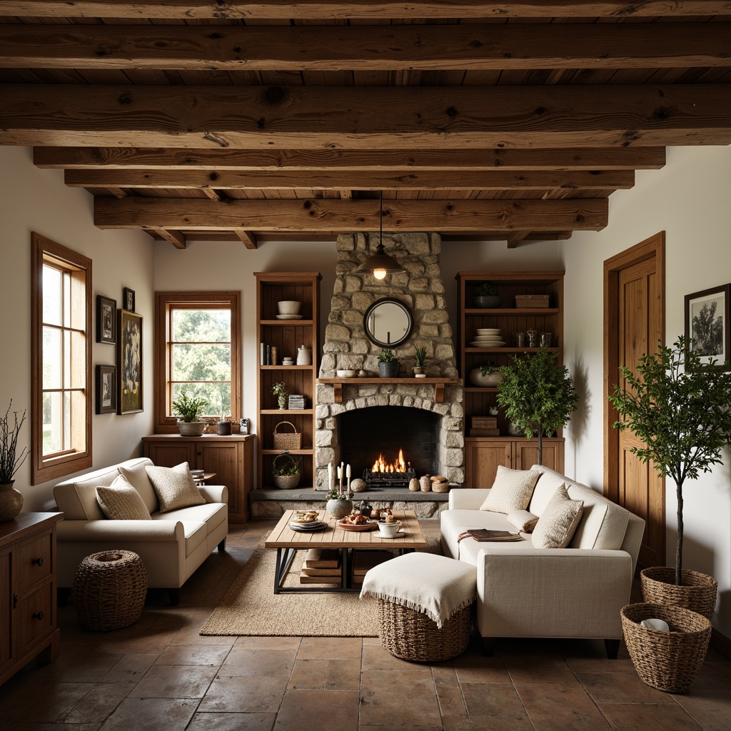 Prompt: Rustic farmhouse interior, vintage wooden furniture, distressed finishes, natural fabrics, plush cushions, woven baskets, earthy color palette, wooden beams, stone fireplace, cozy reading nook, antique decorative items, potted plants, soft warm lighting, 1/1 composition, shallow depth of field, realistic textures, ambient occlusion.