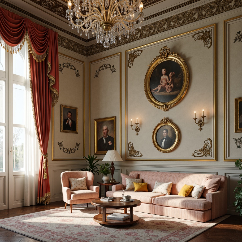 Prompt: Ornate wall decorations, golden frames, delicate florals, soft pastel colors, luxurious fabrics, velvet drapes, crystal chandeliers, intricate moldings, ornamental mirrors, Baroque-inspired patterns, grandiose scale, opulent details, warm candlelight, 1/1 composition, shallow depth of field, realistic textures, ambient occlusion.