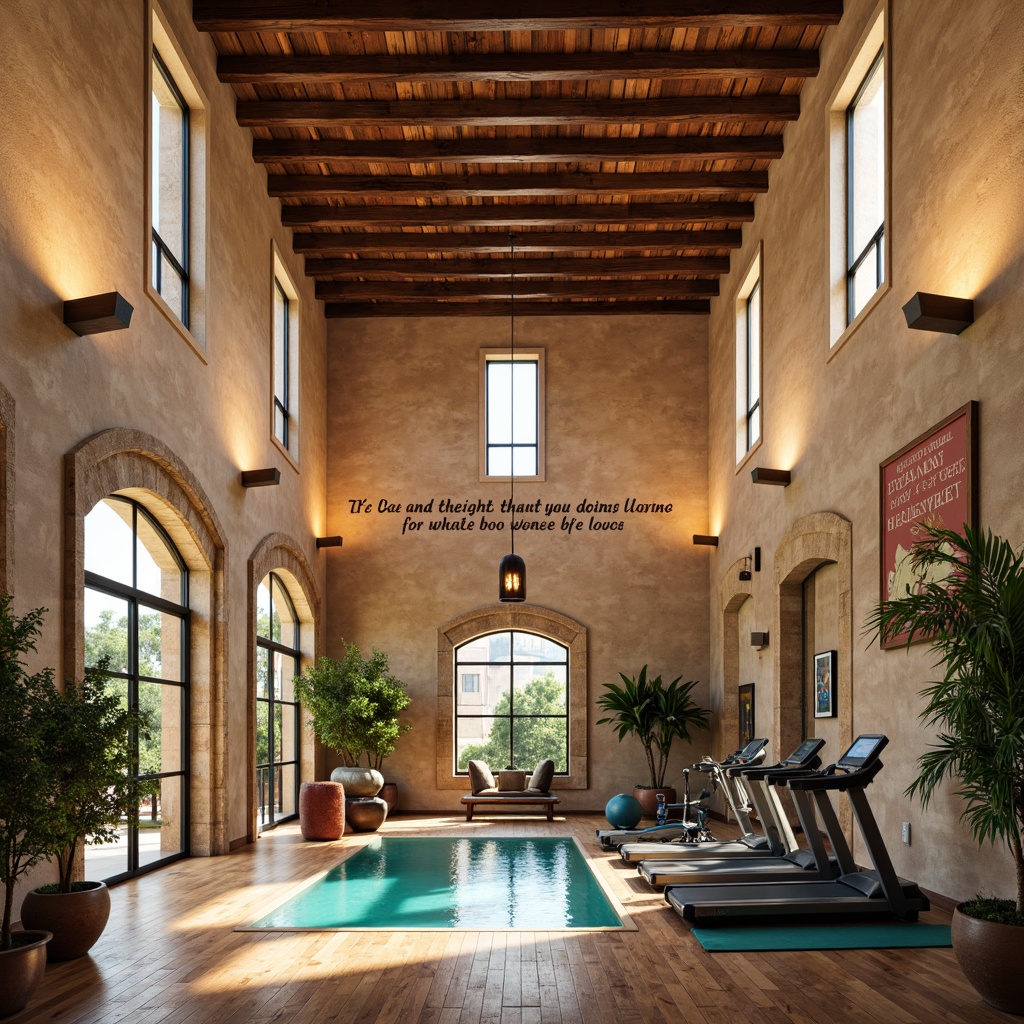 Prompt: Warm Mediterranean-style gymnasium, natural stone walls, archways, terracotta roof tiles, wooden beams, rustic metal accents, soft warm lighting, floor-to-ceiling windows, clerestory windows, skylights, diffused indirect light, pendant lamps, suspended lanterns, earthy tone color palette, textured stucco finishes, ornate tile work, vibrant turquoise accents, lush greenery, potted plants, wooden flooring, athletic equipment, free weights, treadmills, exercise mats, motivational quotes, inspirational artwork.