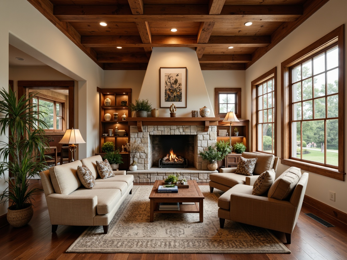 Prompt: Warm Craftsman living room, rich wood tones, rustic wooden beams, natural stone fireplace, earthy color palette, plush area rug, comfortable oversized furniture, soft warm lighting, traditional ornate details, decorative trims, classic built-in cabinetry, creamy white walls, distressed wood accents, vintage metal hardware, woven natural fiber textiles, cozy reading nook, large windows with divided lights, organic botanical patterns, nature-inspired accessories.