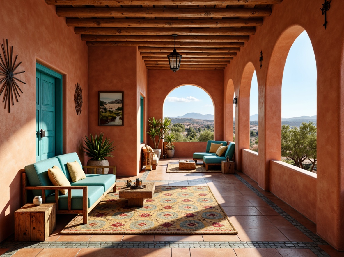 Prompt: \Vibrant southwestern interior, turquoise accents, warm terracotta walls, earthy adobe tones, rich sienna reds, soft sandy beiges, natural woven textiles, handcrafted wooden furniture, rustic metal decor, colorful geometric patterns, bold ceramic tiles, sun-kissed desert landscape views, bright warm lighting, shallow depth of field, 1/2 composition, realistic textures, ambient occlusion.\