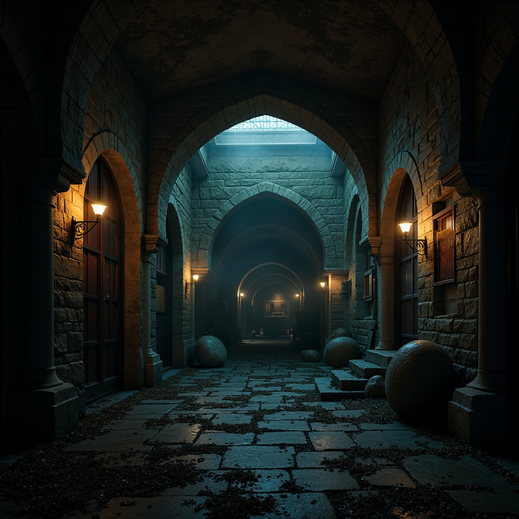 Prompt: Mysterious underground chamber, dark stone walls, vaulted ceilings, ornate archways, gothic columns, lantern-style lighting, musty smell, dimly lit atmosphere, eerie shadows, cold damp air, mystical ambiance, ancient artifacts, mysterious relics, forgotten crypts, weathered wooden doors, heavy iron hinges, rusty metal gates, foggy mist, cinematic composition, high contrast ratio, dramatic lighting effects.