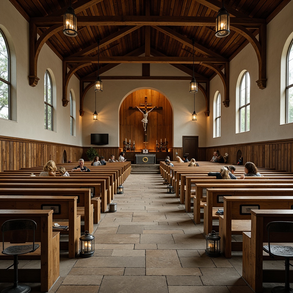 Prompt: Rustic church interior, reclaimed wood pews, wooden benches, distressed metal chairs, vintage lanterns, earthy color palette, natural stone flooring, wooden accents, arched windows, vaulted ceiling, traditional crucifix, candlelit ambiance, warm soft lighting, shallow depth of field, 1/1 composition, realistic textures, ambient occlusion.