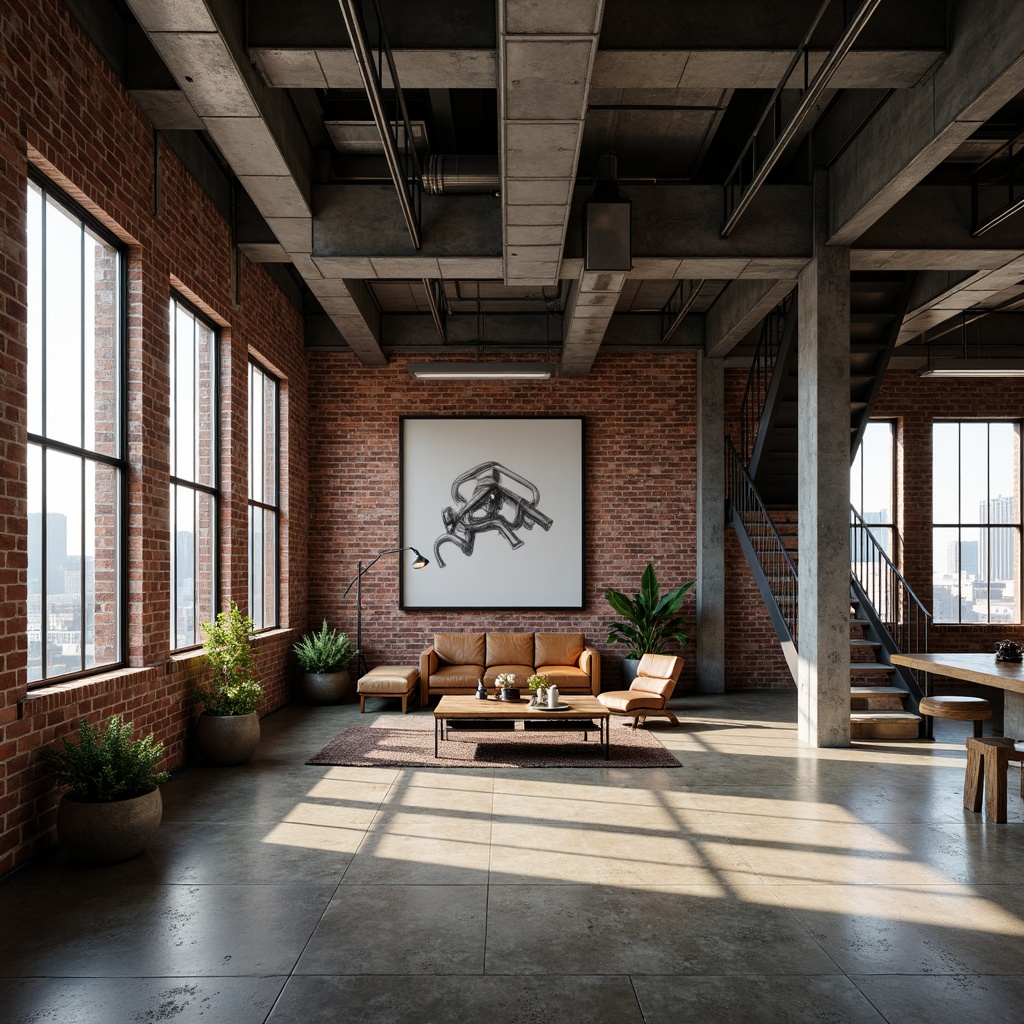 Prompt: Exposed brick walls, metal beams, polished concrete floors, reclaimed wood accents, industrial lighting fixtures, steel staircases, minimalist decor, urban city views, floor-to-ceiling windows, modern art pieces, sleek leather sofas, metallic tones, rustic wooden tables, vintage factory machinery, distressed finishes, raw concrete columns, industrial-chic color palette, dramatic high ceilings, panoramic cityscape, softbox lighting, shallow depth of field, 2/3 composition, cinematic atmosphere.