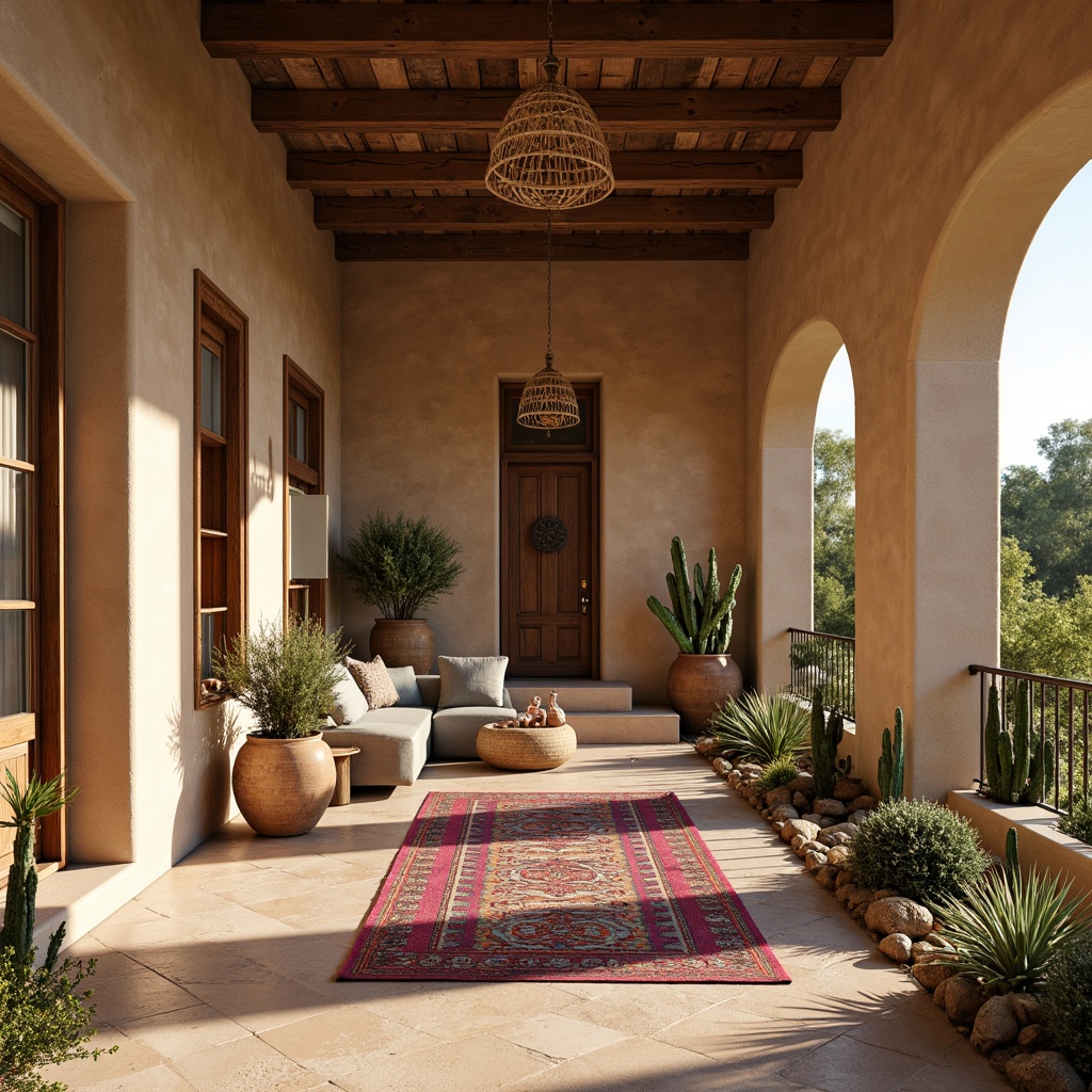 Prompt: Earth-toned adobe walls, natural stonework, rustic wooden accents, vibrant turquoise decorative tiles, geometric patterned textiles, woven basket-inspired lighting fixtures, desert botanicals, cacti, succulents, warm sandy beige color palette, organic shapes, earthy terracotta pottery, woven fiber rugs, distressed wood flooring, Southwestern-inspired architectural details, ornate metalwork, rustic door hardware, bold colorful serape blankets, soft warm lighting, shallow depth of field, 1/1 composition, panoramic view, realistic textures, ambient occlusion.