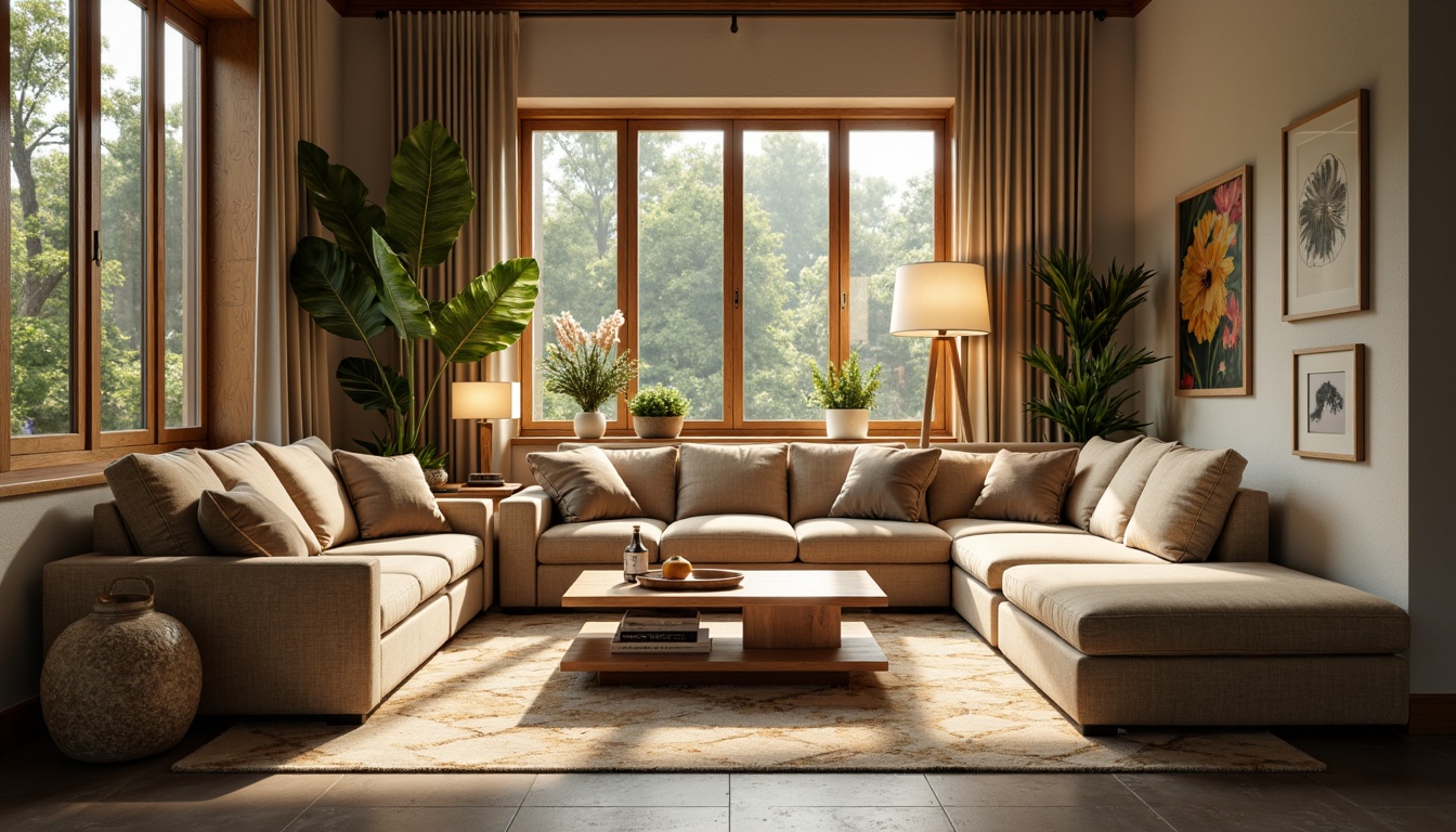 Prompt: Cozy living room, plush sectional sofa, warm beige upholstery, soft velvet pillows, wooden coffee table, natural stone flooring, ambient floor lamps, calming greenery, large windows, sunny day, soft warm lighting, shallow depth of field, 1/1 composition, realistic textures, ambient occlusion.