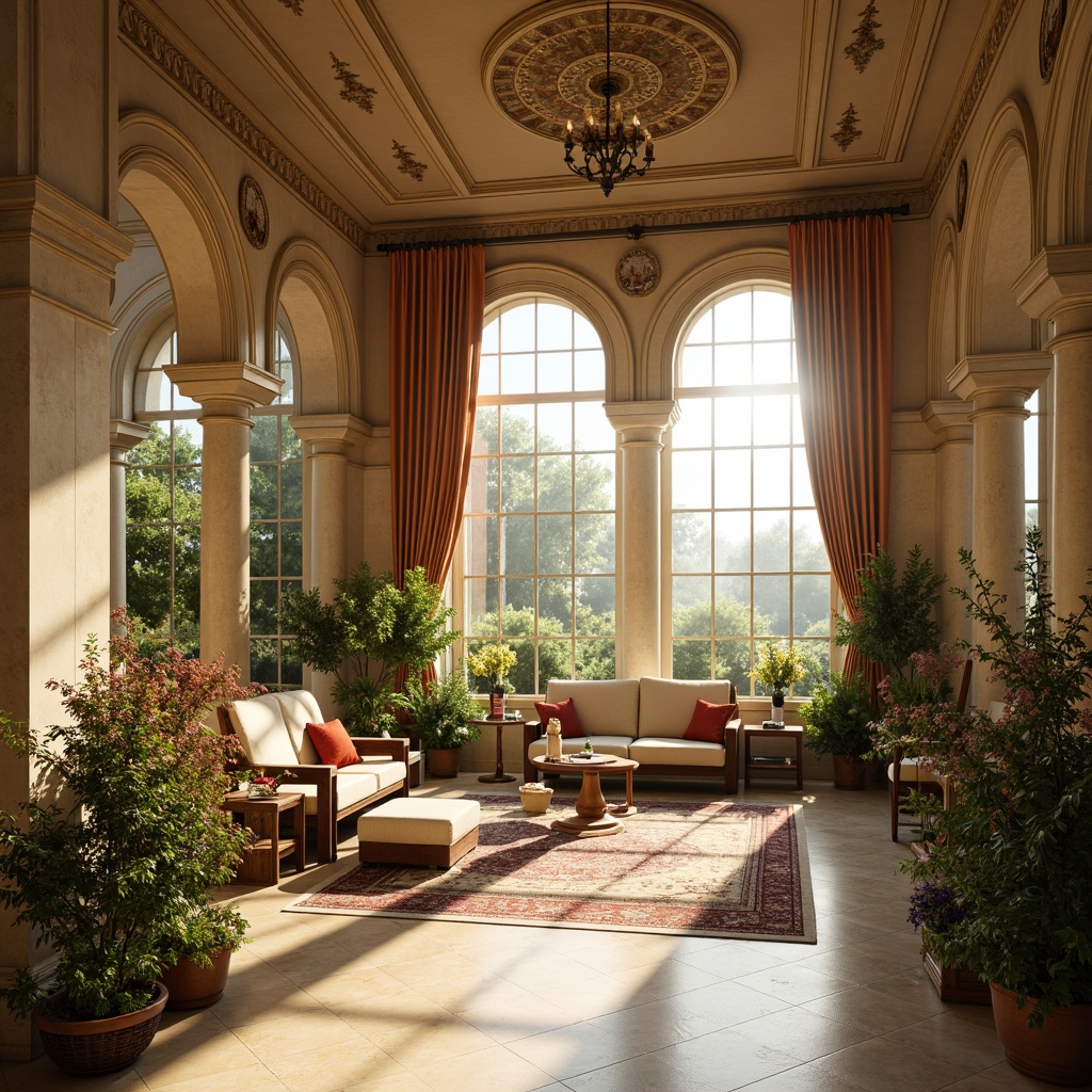 Prompt: Elegant sunroom, Renaissance-style architecture, ornate stone carvings, grand arched windows, lavish draperies, cream-colored marble floors, warm natural light, soft golden hues, classic furniture pieces, intricately patterned rugs, lush greenery, flowering plants, subtle morning mist, shallow depth of field, 1/1 composition, realistic textures, ambient occlusion.