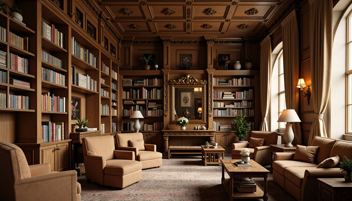 Prompt: Cozy library interior, rich wooden bookshelves, ornate metalwork, plush velvet armchairs, distressed leather sofas, rustic oak coffee tables, vintage bronze lamps, soft linen drapes, warm beige walls, classic French country style, elegant curves, antique hardware, comfortable reading nooks, warm golden lighting, shallow depth of field, 1/1 composition, realistic textures, ambient occlusion.