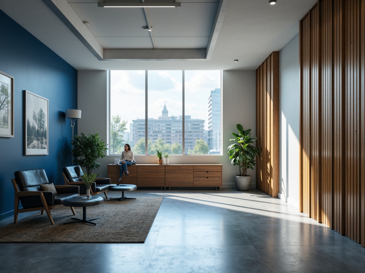 Prompt: Professional office atmosphere, calm blue tones, creamy white walls, rich wood accents, sleek metal furniture, ergonomic chairs, minimalist decor, natural textiles, subtle patterns, ambient lighting, soft warm glow, 1/1 composition, realistic reflections, shallow depth of field.