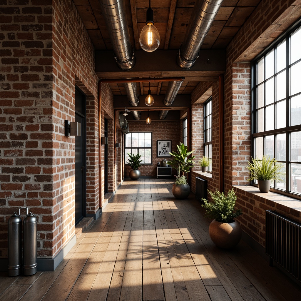 Prompt: Industrial chic loft, exposed pipes, distressed brick walls, reclaimed wood floors, Edison bulb lighting, metal beams, urban aesthetic, modern industrial design, functional plumbing fixtures, copper piping, rustic charm, nostalgic ambiance, warm softbox lighting, 1/1 composition, shallow depth of field, realistic textures, ambient occlusion.