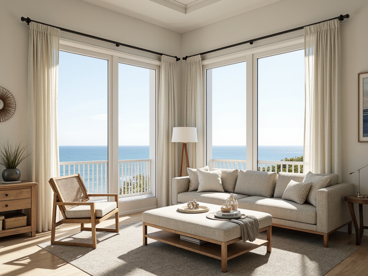 Prompt: Coastal style interior, soft warm natural light, large windows, sliding glass doors, beachy vibe, driftwood accents, sea-inspired color palette, calming blue tones, crisp white trim, textured linen fabrics, woven rattan furniture, shell decorations, ocean views, sunny day, gentle breezy atmosphere, minimalist decor, organic textures, subtle nautical elements, 1/1 composition, soft focus, realistic rendering.