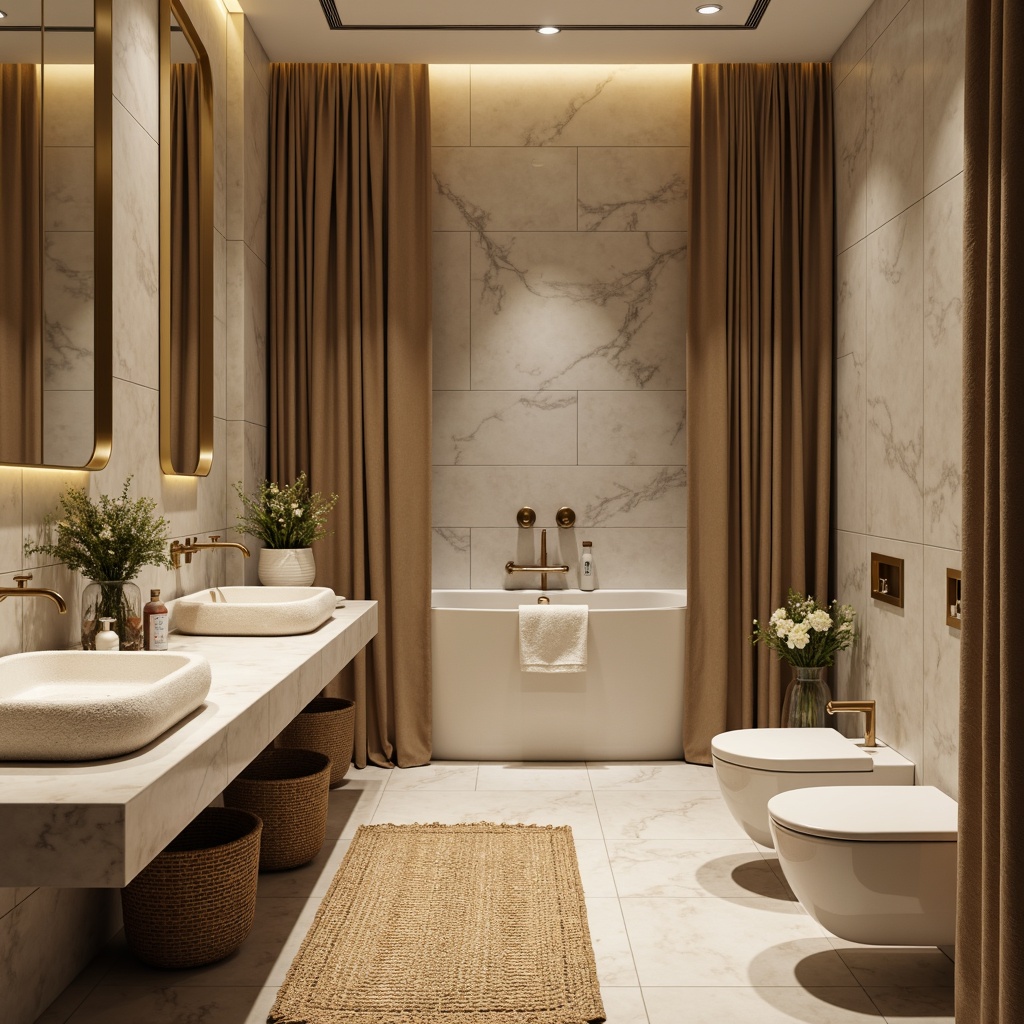 Prompt: Luxurious bathroom, marble countertops, soft plush towels, woven baskets, natural fiber rugs, velvet drapes, metallic accents, modern sink fixtures, sleek shower enclosures, glass tile backsplashes, ambient lighting, warm beige colors, spa-like atmosphere, calming ambiance, 1/1 composition, shallow depth of field, realistic textures.