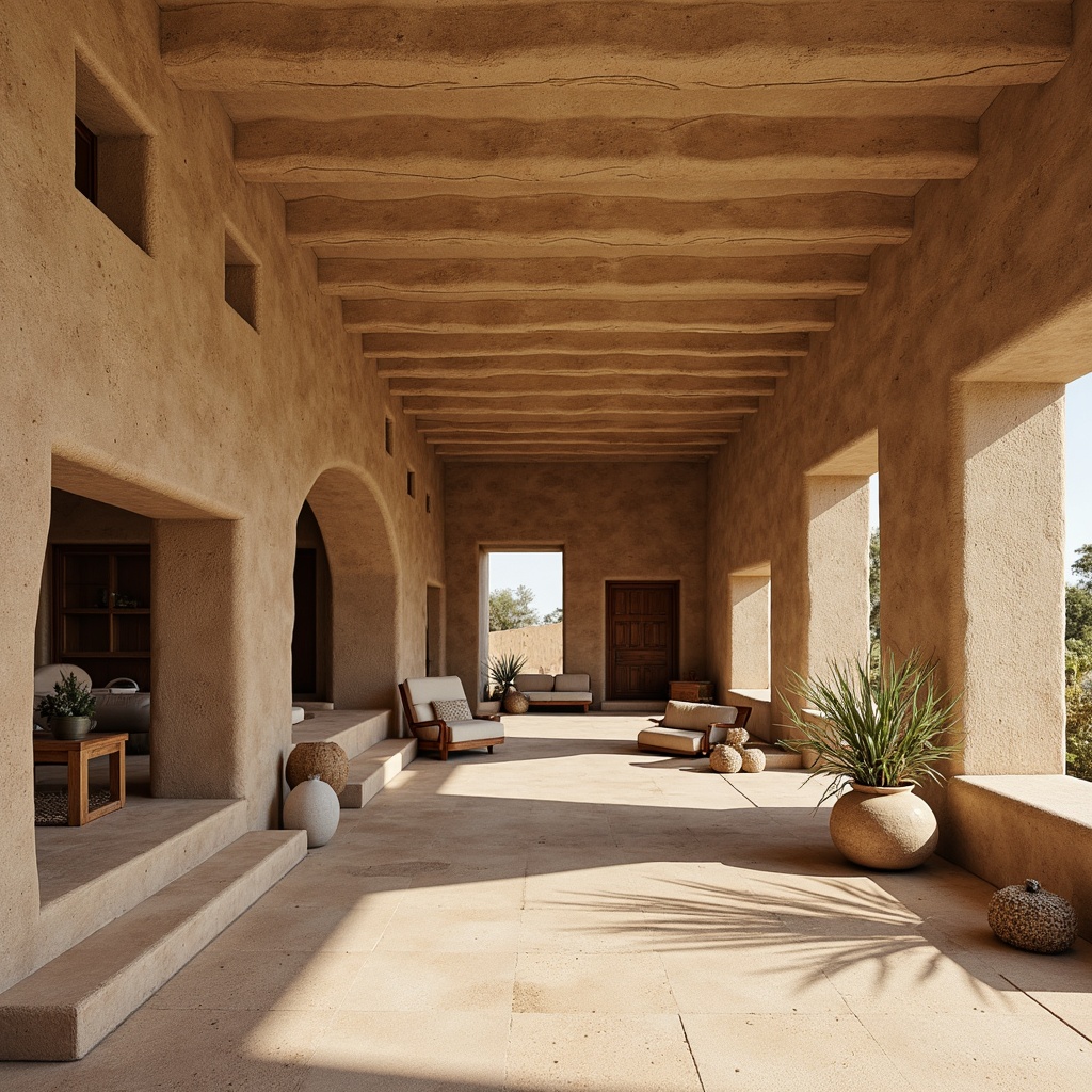 Prompt: Earthy rammed earth walls, natural textures, organic patterns, rustic finishes, warm beige tones, rough-hewn surfaces, irregular shapes, artisanal craftsmanship, traditional building techniques, eco-friendly materials, sustainable construction, earthy aromas, soft diffused lighting, shallow depth of field, 1/1 composition, realistic rendering, ambient occlusion.