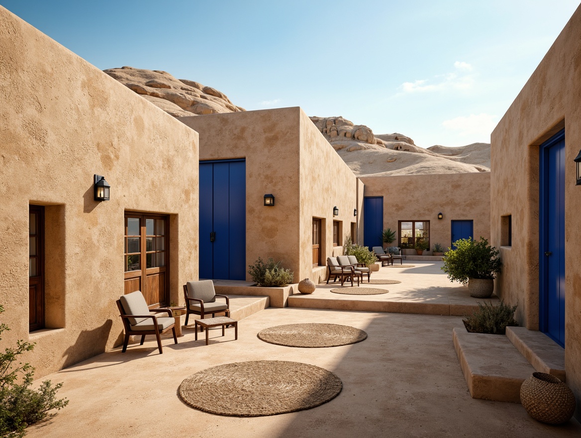 Prompt: Weathered sandstone walls, indigo accents, earthy tones, natural textures, desert landscape, warm sandy dunes, clear blue sky, rustic wooden doors, vintage metal lanterns, woven jute rugs, sandy pathways, organic shapes, minimalist decor, cozy ambiance, soft warm lighting, shallow depth of field, 3/4 composition, realistic renderings, ambient occlusion.