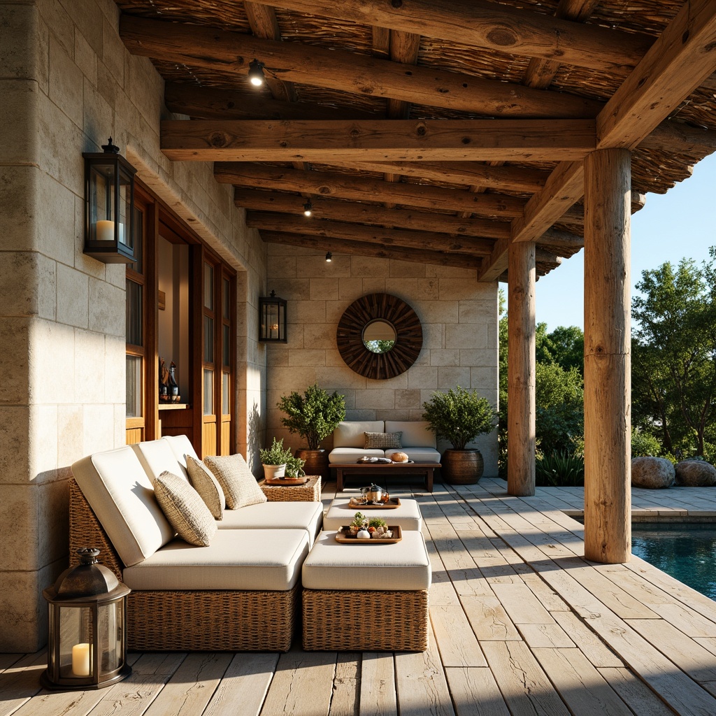 Prompt: Rustic farmhouse setting, natural stone walls, reclaimed wood accents, earthy color palette, vintage metal lanterns, distressed wooden pool deck, woven wicker furniture, lush greenery surroundings, sunny afternoon, soft warm lighting, shallow depth of field, 1/2 composition, intimate portrait view, realistic textures, ambient occlusion.