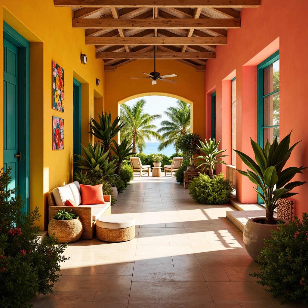 Prompt: Vibrant tropical hall, warm sunny atmosphere, bright coral walls, lush greenery, exotic plants, natural wood accents, woven rattan furniture, colorful tiki torches, refreshing ocean breeze, soft warm lighting, 3/4 composition, panoramic view, realistic textures, ambient occlusion, warm beige floors, creamy white ceilings, bold turquoise decorations, playful floral patterns, energetic yellow hues.