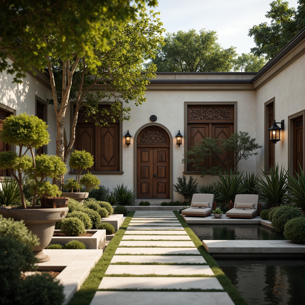 Prompt: Serenity courtyard, intricately carved wooden doors, ornate lanterns, tranquil water features, lush greenery, bonsai trees, stone pathways, peaceful Buddha statues, natural materials, earthy tones, minimal ornamentation, harmonious balance, symmetrical composition, soft warm lighting, shallow depth of field, 2/3 aspect ratio, realistic textures, ambient occlusion.