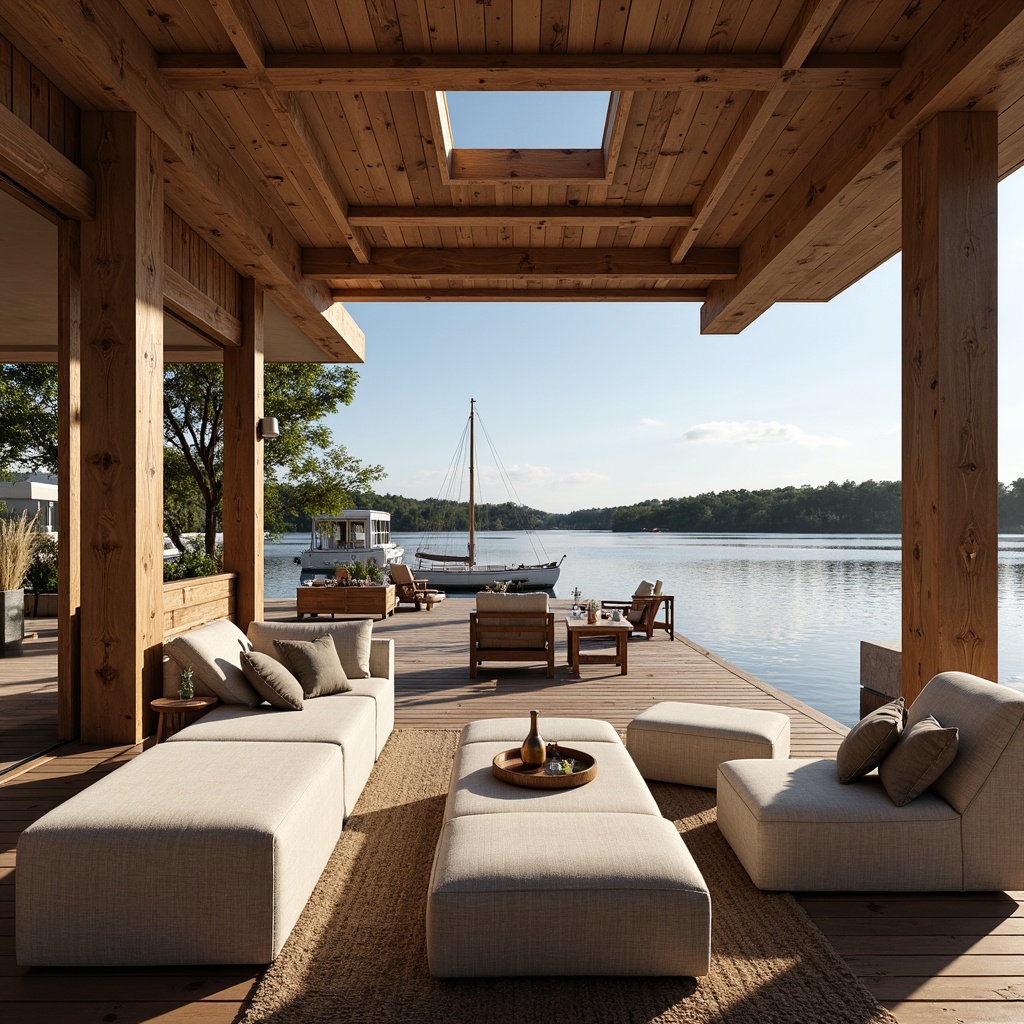 Prompt: Waterfront boathouse, expansive open decks, panoramic lake views, natural wood accents, nautical ropes, sailboat-inspired decor, floor-to-ceiling windows, sliding glass doors, rustic wooden docks, serene water reflections, sunny day, soft warm lighting, shallow depth of field, 3/4 composition, realistic textures, ambient occlusion, organic shapes, earthy color palette, cozy indoor spaces, plush furnishings, modern minimalist design.