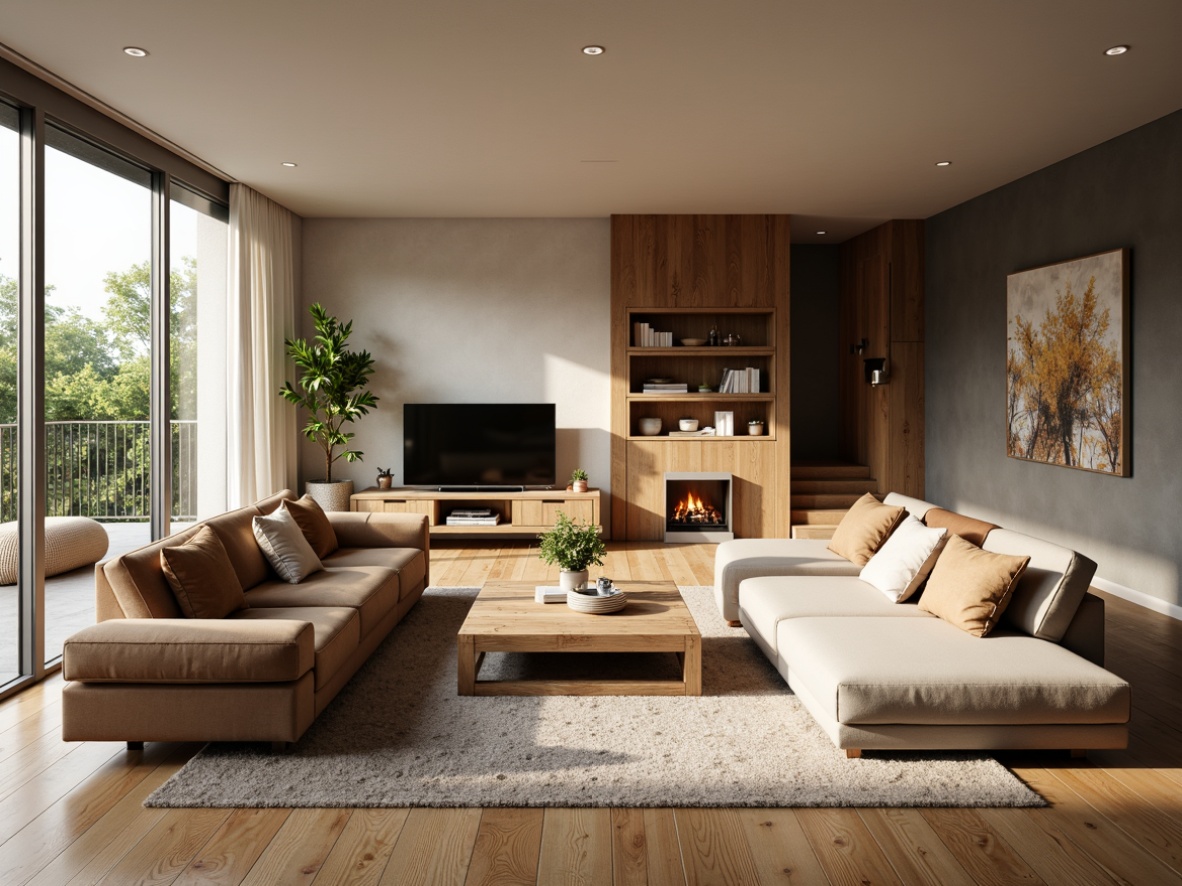 Prompt: Cozy living room, plush sectional sofa, ergonomic recliner, wooden coffee table, soft cushions, warm rug, natural oak flooring, floor-to-ceiling windows, gentle daylight, modern minimalist decor, functional shelving units, rustic wooden accents, comfortable reading nook, soothing color palette, ambient lighting, 1/1 composition, realistic textures.