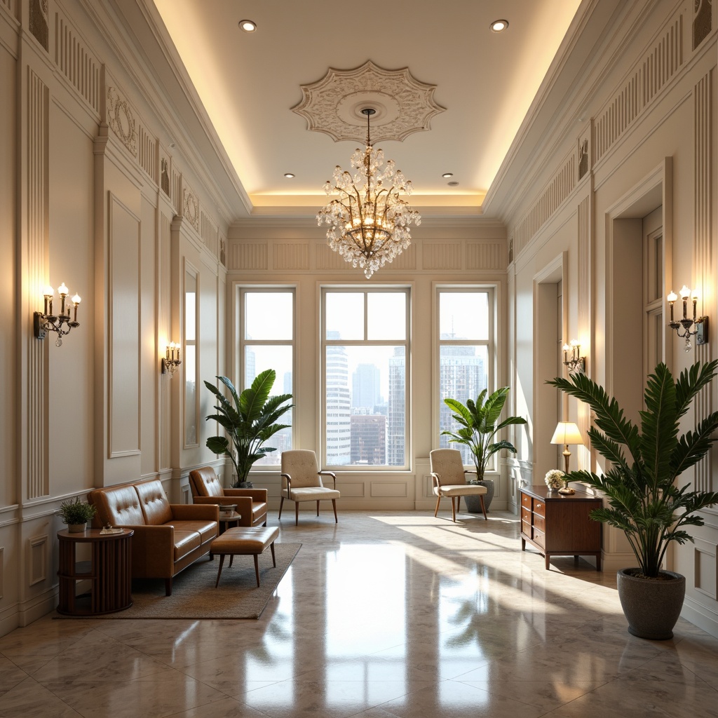 Prompt: Elegant dental clinic, neoclassical architecture, high ceilings, ornate moldings, creamy white walls, polished marble floors, crystal chandeliers, soft warm lighting, subtle shadows, gentle highlights, LED strip lights, recessed lighting, decorative sconces, wooden furniture, leather upholstery, potted plants, natural textures, calming atmosphere, bright windows, external city views, morning sunlight, 1/1 composition, shallow depth of field, realistic reflections.