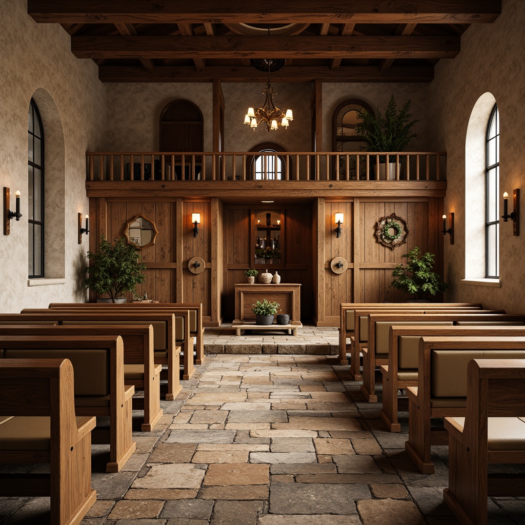 Prompt: Rustic wooden pews, natural stone flooring, earthy tone carpets, wooden accent walls, vintage metal lanterns, distressed wood benches, candlelit aisles, wooden cross decorations, warm beige upholstery, traditional hymn boards, wooden pulpit designs, arched windows, stained glass accents, soft ambient lighting, 3/4 composition, realistic textures, ambient occlusion.