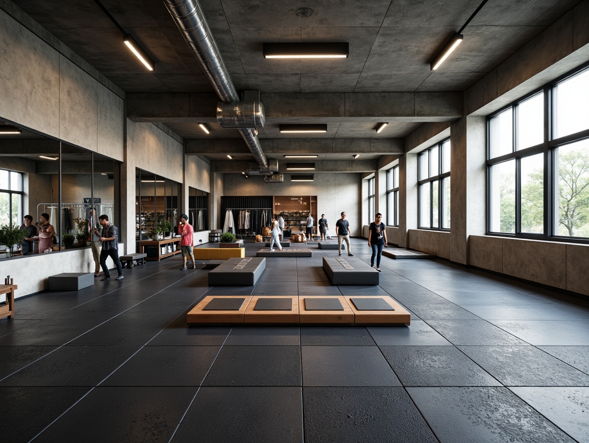 Prompt: Rubber flooring, textured surface, shock-absorbing material, gym equipment, weightlifting platforms, exercise mats, mirrored walls, modern lighting fixtures, industrial-style decor, concrete foundation, open-plan layout, high-ceiling design, natural ventilation system, large windows, abundant natural light, minimalist color scheme, functional layout, durable construction materials.