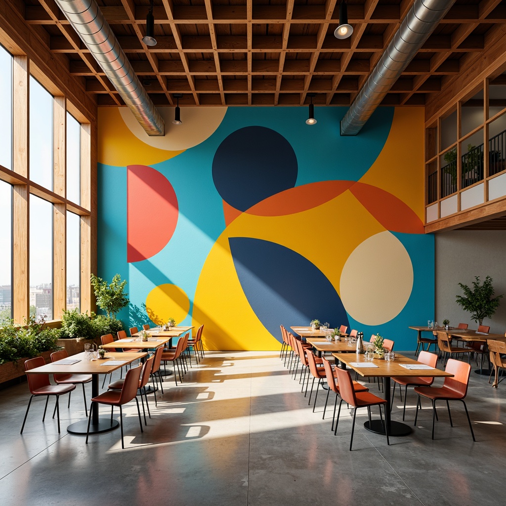 Prompt: Vibrant dining hall, bold primary colors, geometric shapes, industrial metal chairs, wooden tables, minimalist decor, natural light pouring in, large windows, concrete floors, exposed ductwork, functional simplicity, modernist architecture, warm ambient lighting, shallow depth of field, 1/1 composition, realistic textures, ambient occlusion.