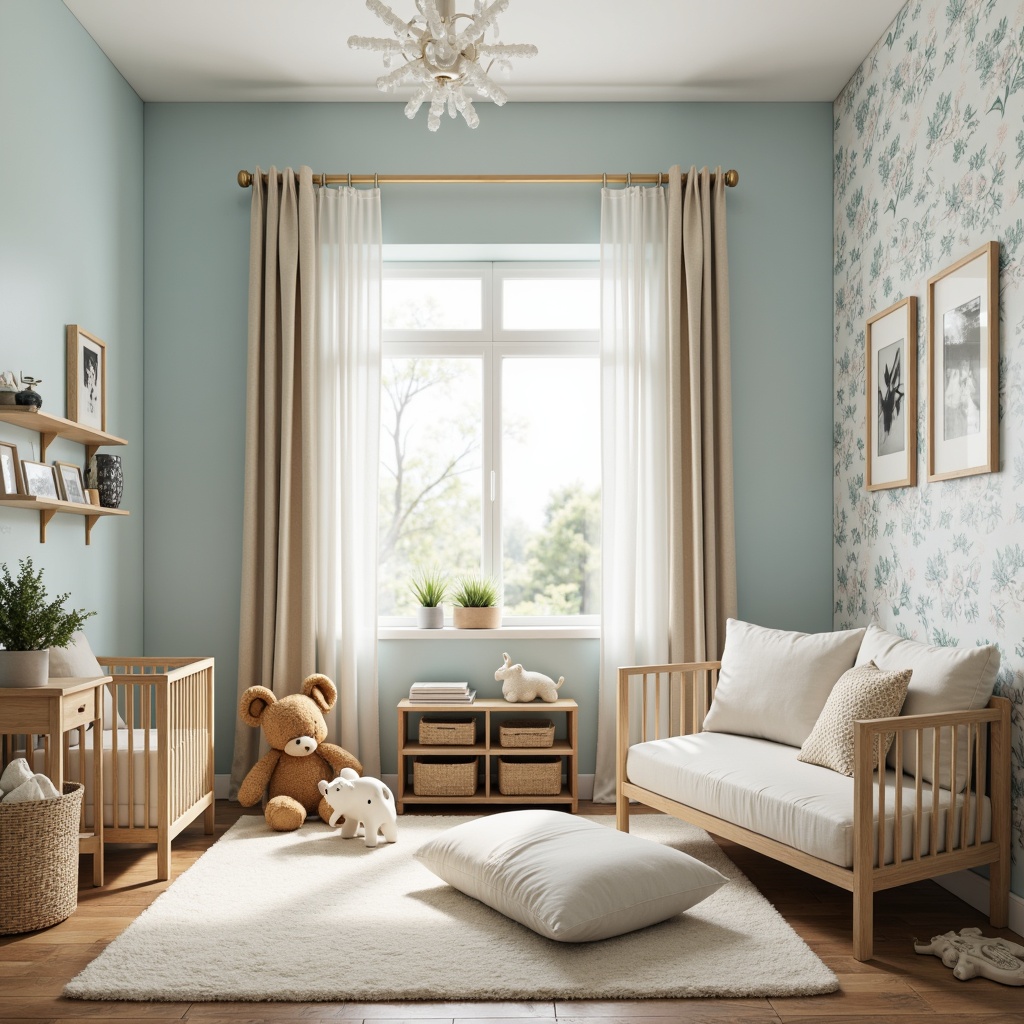 Prompt: Soft baby blue walls, delicate floral patterns, creamy white furniture, plush area rugs, wooden crib, gentle nursery lighting, warm beige curtains, natural woven baskets, tender toy displays, framed family photos, pastel-colored wallpaper, subtle wood grain textures, cozy reading nook, oversized pillows, calming color palette, shallow depth of field, 1/1 composition, softbox lighting, realistic fabric simulations.