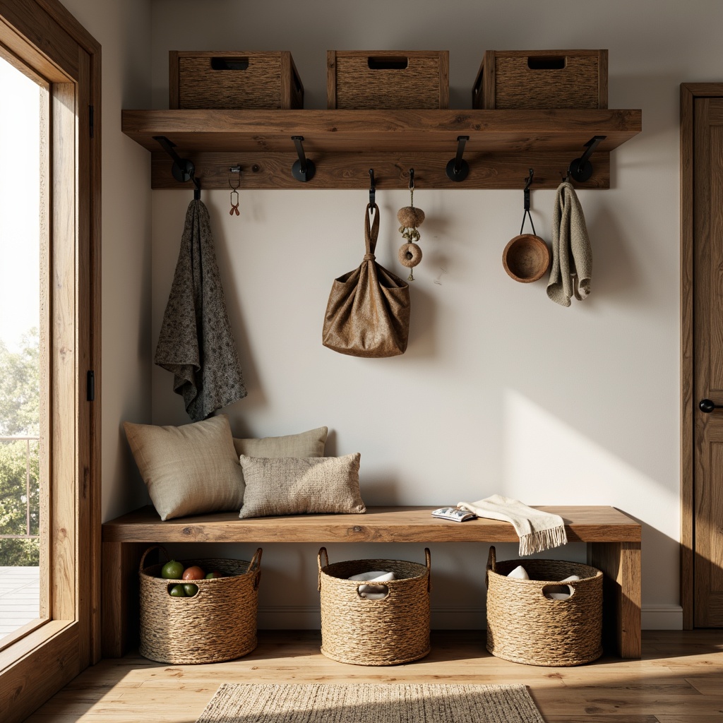 Prompt: Mudroom interior, mid-century modern style, wooden bench, woven baskets, natural textiles, earthy tones, minimalist decor, industrial metal shelving, reclaimed wood accents, rustic storage crates, vintage-inspired hooks, woven rug, cozy ambiance, soft warm lighting, shallow depth of field, 1/1 composition, realistic textures, ambient occlusion.