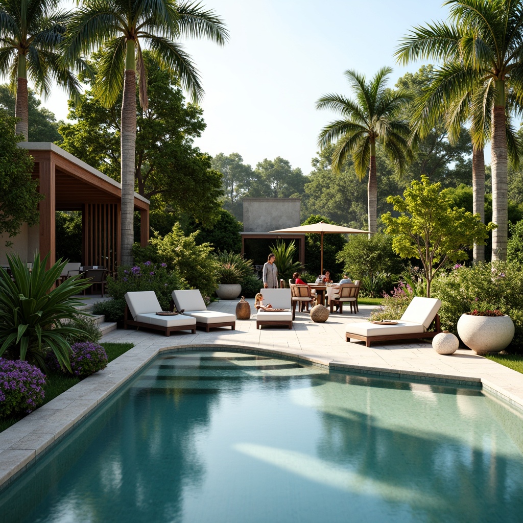 Prompt: Inviting poolside ambiance, lush greenery, tropical palm trees, vibrant flowering plants, natural stone decking, wooden accents, modern outdoor furniture, sleek glass railings, crystal-clear water, sunny day, soft warm lighting, shallow depth of field, 3/4 composition, panoramic view, realistic textures, ambient occlusion.