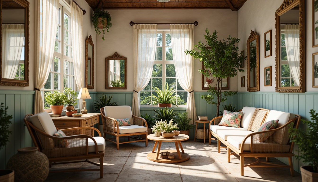 Prompt: Vintage sunroom, distressed wood accents, soft pastel hues, floral patterned fabrics, lace curtains, rustic metal frames, woven rattan furniture, plush cushions, ornate mirrors, natural stone flooring, potted plants, botanical prints, warm sunny day, soft diffused lighting, shallow depth of field, 1/2 composition, cozy intimate atmosphere.